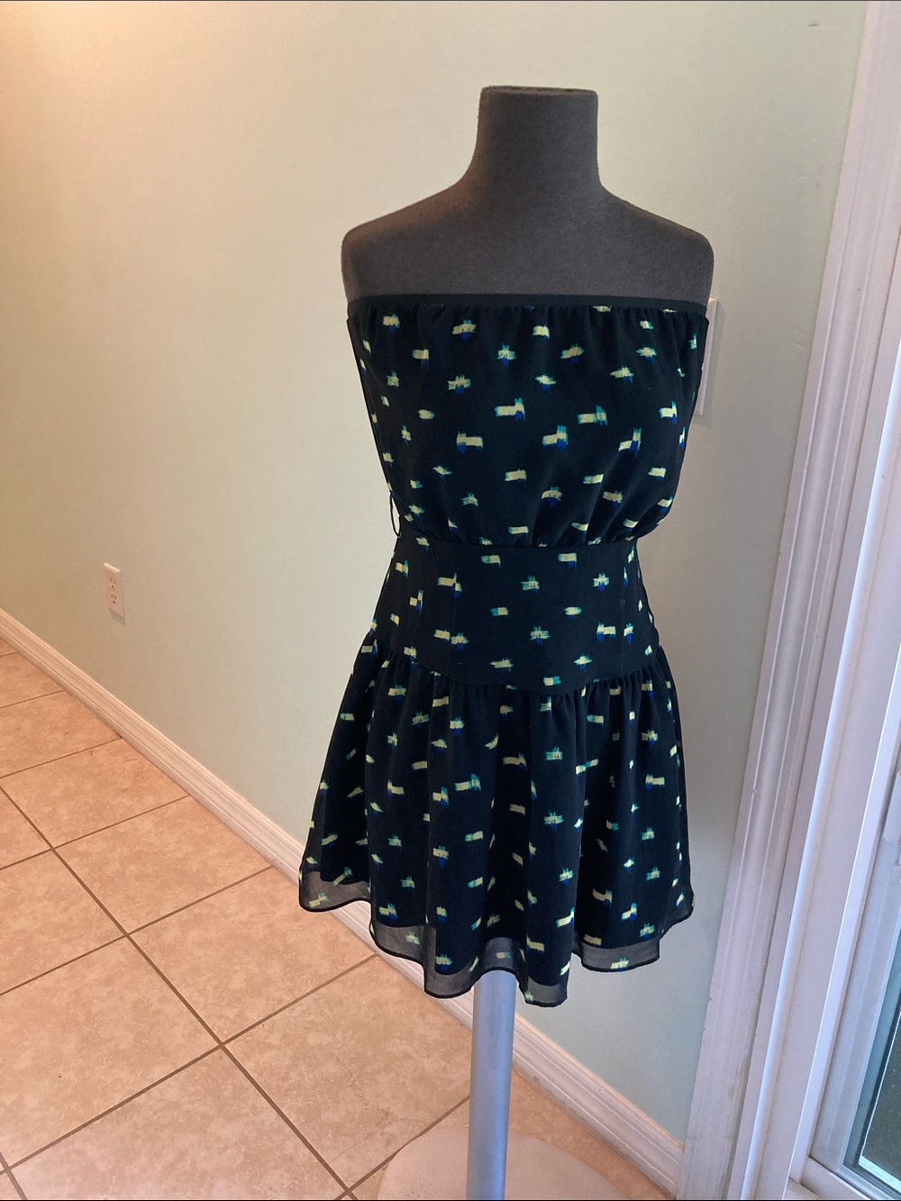 RACHEL Rachel Roy Black Strapless Skater Dress with Green Print